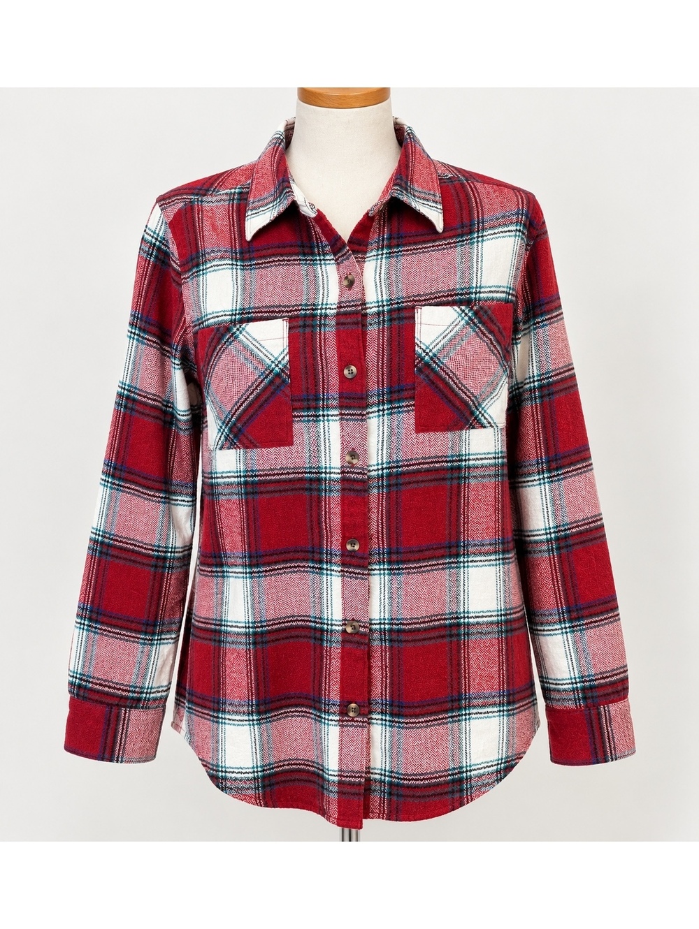 Natural Reflections Women’s L Red White Plaid Flannel Button Down Shirt Cotton